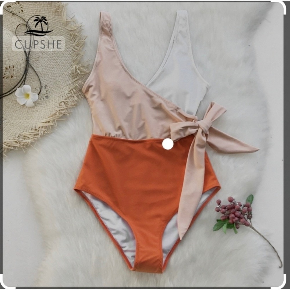 NWT Cupshe Colorblock Wrap Tie One Piece Swimsuit in Orange Peach White Medium - Picture 3 of 7